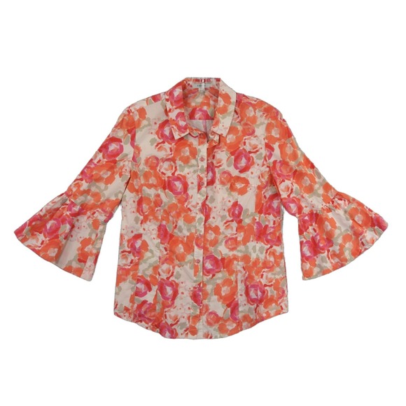 Tyler Boe Blouse Top Women's Size 4 Orange Pink Floral Bell Sleeve 100% Cotton - Picture 2 of 7